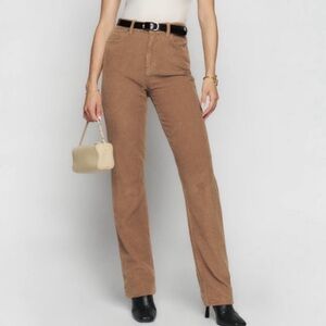 Reformation Cynthia High Rise Straight Long Corduroy Pants in Mud Brown